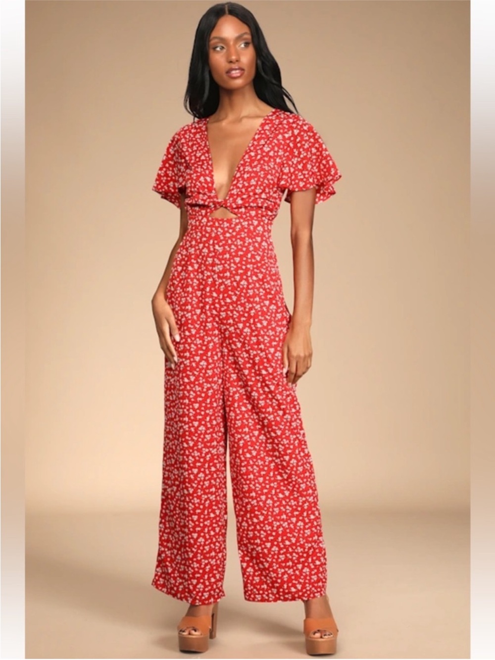 Lulu’s Villa Vibes Floral Jumpsuit Flutter Sleeve Twist Front Cutout Medium Red